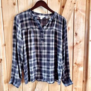 Market & Spruce lightweight rayon black/beige plaid long sleeve top, sz Small